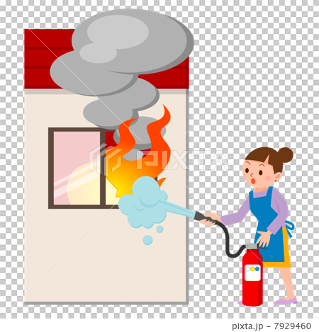 Housewife to extinguish a fire with a fire extinguisher 7929460