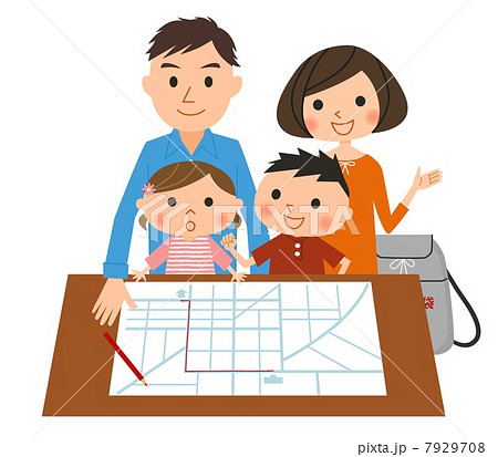 避難経路を確認する家族 7929708