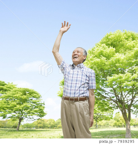 手をあげるシニア男性 7939295