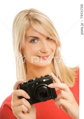 Beautiful smiling woman with digital camera. Isolated on white b Beautiful smiling woman with digital camera. Isolated on white b 7954706
