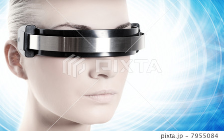 Beautiful cyber woman over abstract blue background 7955084