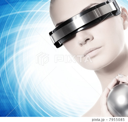 Beautiful cyber woman isolated over abstract blue background 7955085