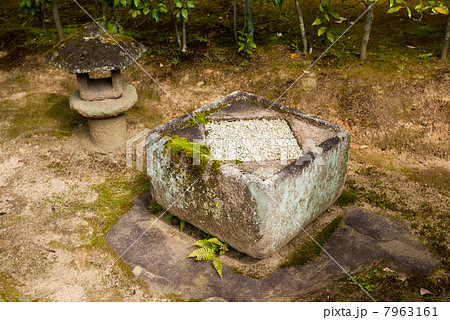 桂離宮 外腰掛の二重桝形の手水鉢と灯籠の写真素材 [7963161] - PIXTA