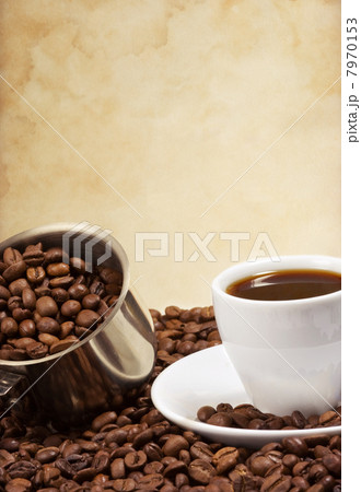 cup of coffee and pot with beans 7970153