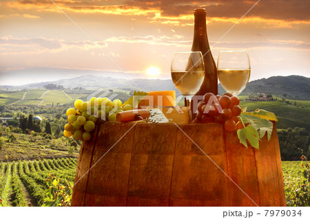 White wine with barrel on vineyard in Chianti, Tuscany, Italy White wine with barrel on vineyard in Chianti, Tuscany, Italy 7979034