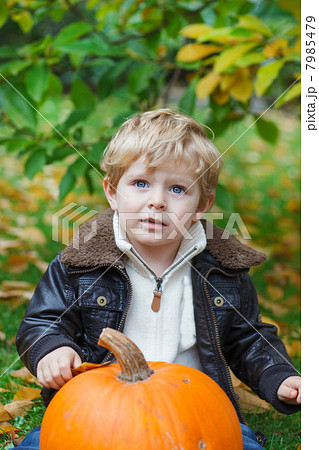 Little toddler with big orange pumpkin in garden 7985479