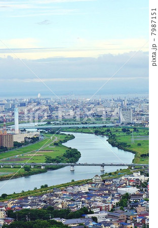 川のある風景・ガス橋と多摩川大橋間の多摩川流域・武蔵小杉高所より縦位置 7987151