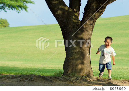公園の大木と笑顔の幼児 8023060