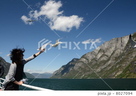 オーランドフィヨルドでカモメと戯れる女性 8027094