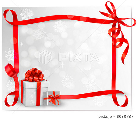Holiday background with red gift bow with gift boxes. Vector illustration. 8030737