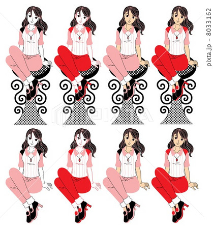 座る若い女性の挿絵カットイラスト 赤ピンク系セミロングヘアー ８パターンのイラスト素材