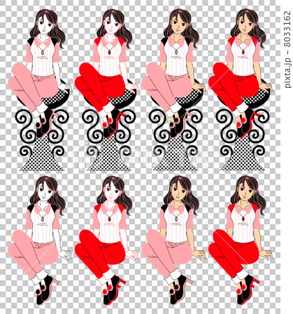 座る若い女性の挿絵カットイラスト(赤ピンク系セミロングヘアー）８パターン 8033162
