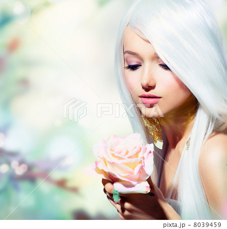 Beautiful Spring Girl With Rose Flower. Fantasy Beautiful Spring Girl With Rose Flower. Fantasy 8039459