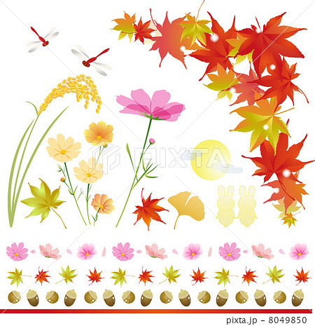 秋の素材セット 赤とんぼ 稲穂 紅葉 団栗 秋桜 ライン のイラスト素材