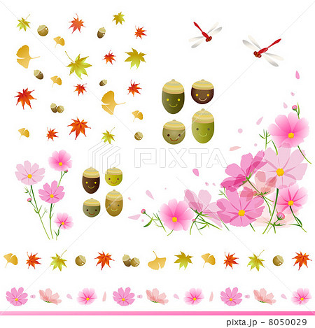秋の素材セット どんぐり かわいい 秋桜 ラインのイラスト素材
