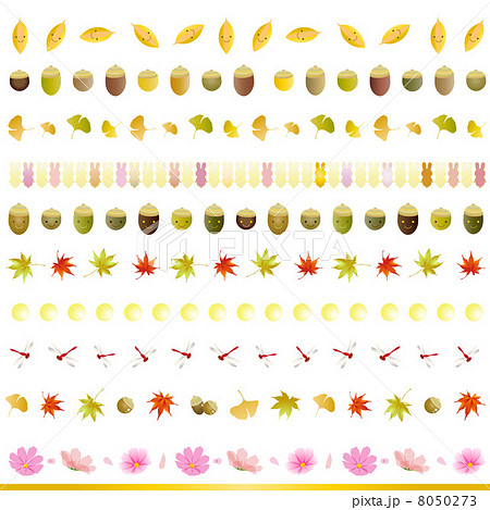 秋の素材セット ライン どんぐり かわいい 秋桜 のイラスト素材