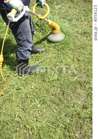 家庭用電動草刈機で庭の草刈りをする中年女性の足元 家庭用電動草刈機で庭の草刈りをする中年女性の足元 8058125