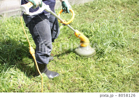 家庭用電動草刈機で庭の草刈りをする中年女性の足元 家庭用電動草刈機で庭の草刈りをする中年女性の足元 8058126