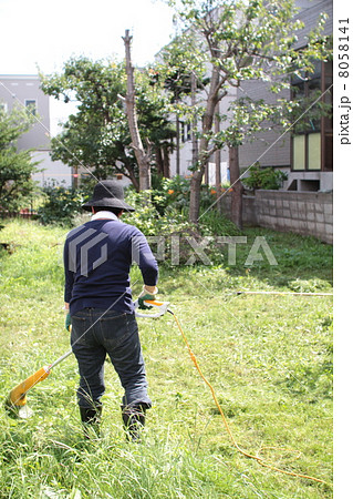 家庭用電動草刈機で庭の草刈りをする中年女性の後ろ姿 8058141