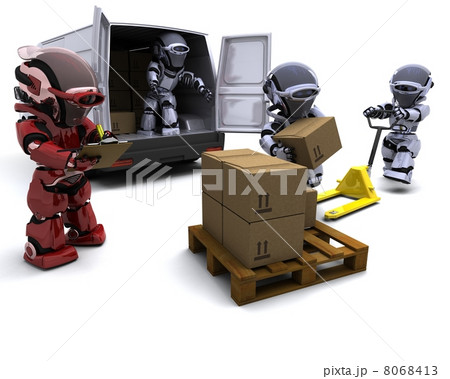 Robot with Shipping Boxes loading a van Robot with Shipping Boxes loading a van 8068413