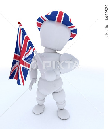 Man in Union Jack Hat with Flag 8069320