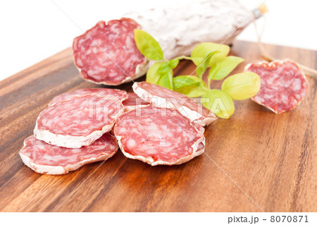 sliced salami on white background 8070871