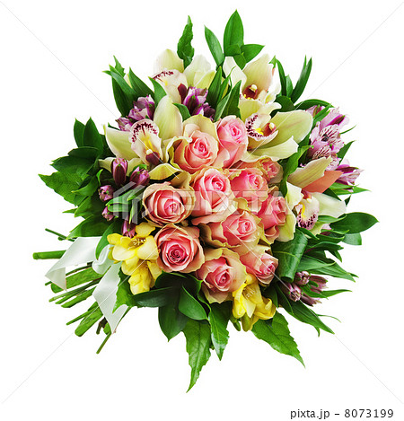 Floral bouquet of roses, lilies and orchids arrangement centerpi 8073199