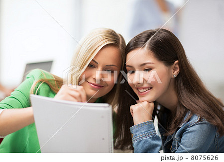 student girls pointing at notebook at school 8075626
