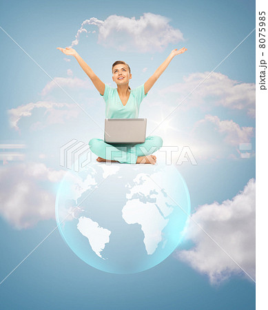 woman with laptop and sphere globe 8075985