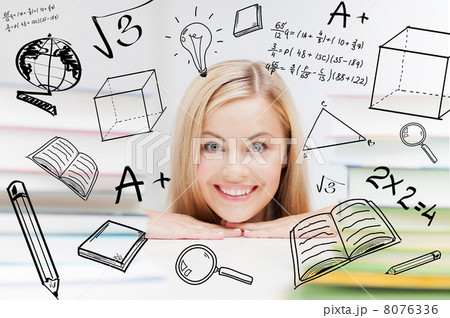 student with stack of books and doodles 8076336