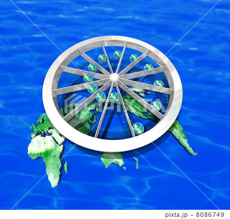 世界地図の上の回る永久機関 エネルギー伝導のイラスト素材