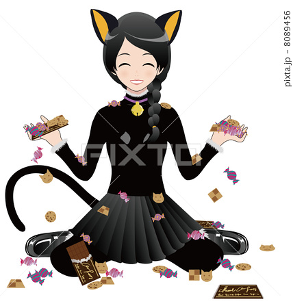 黒猫 女子 お菓子のイラスト素材