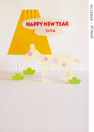 2014年 年賀状 「富士山＋馬 立体・貼り絵」 挨拶文無し・白地無し 8089726