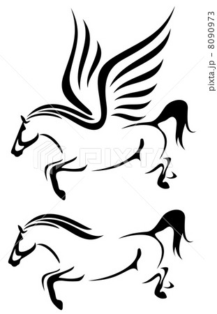 horses black and white vector outline - jumping stallion and flying pegasus 8090973