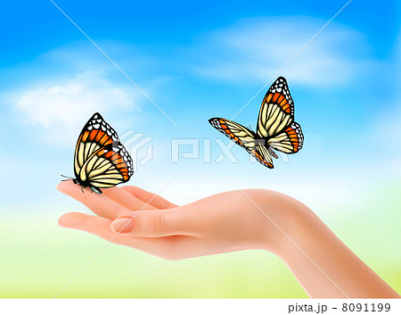 Hand holding a butterflies against a blue sky. Vector illustrati 8091199