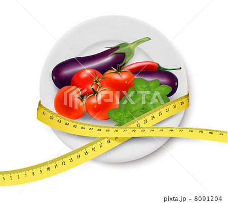 Diet meal. Vegetables in a plate with measuring tape. Concept of 8091204