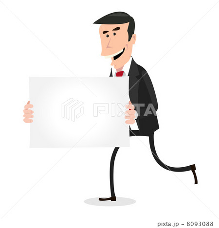 Cartoon White Businessman Running with Blank Sign 8093088