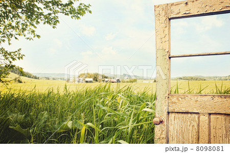Old peeling door with rural landscape Old peeling door with rural landscape 8098081