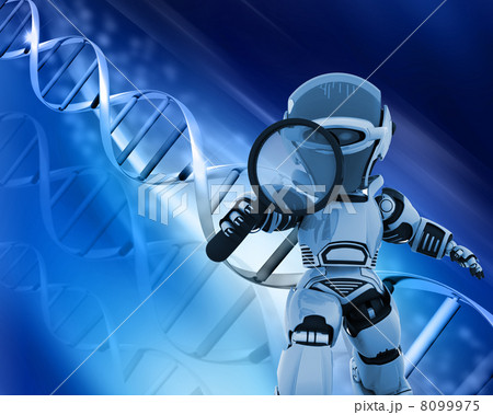 Robot with magnifying glass on DNA background 8099975