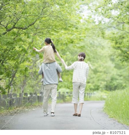 新緑の中を歩く家族の後姿 新緑の中を歩く家族の後姿 8107521