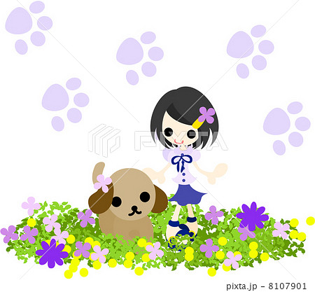 花畑で犬と一緒に散歩する小さな女の子のイラスト素材