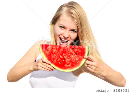 Young Woman eating big slice Watermelon BerryOrganic Food concept isolated on white background 8108535
