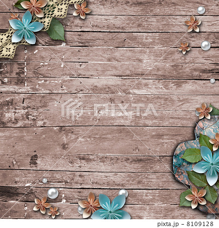 Old wooden background with a flowers, pearls 8109128