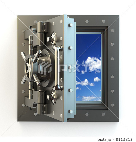 Freedom. Opening vault door and sky behind it. 8113813