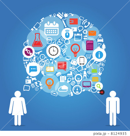 Two talking people with abstract speech cloud of different icons 8124935