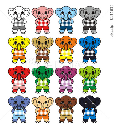 小象のキャラクターアイコン挿絵カットイラスト１６色パターンのイラスト素材
