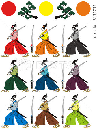 和風挿絵カットイラスト(侍と刀と松と日の丸）９色パターン 8159755