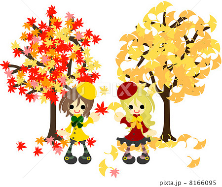 紅葉の木とイチョウの木と ふたりの少女 のイラスト素材