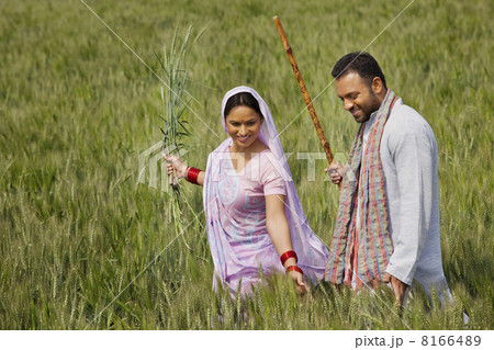Happy Indian couple gliding through wheat field 8166489