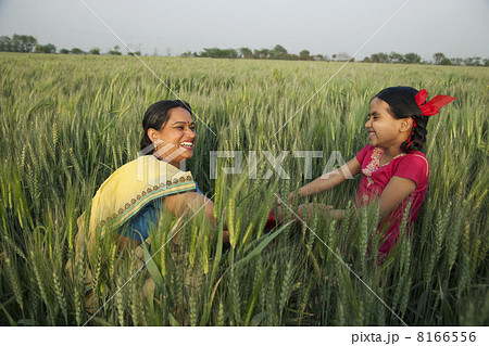 Cheerful mother and daughter playing in the wheat field 8166556